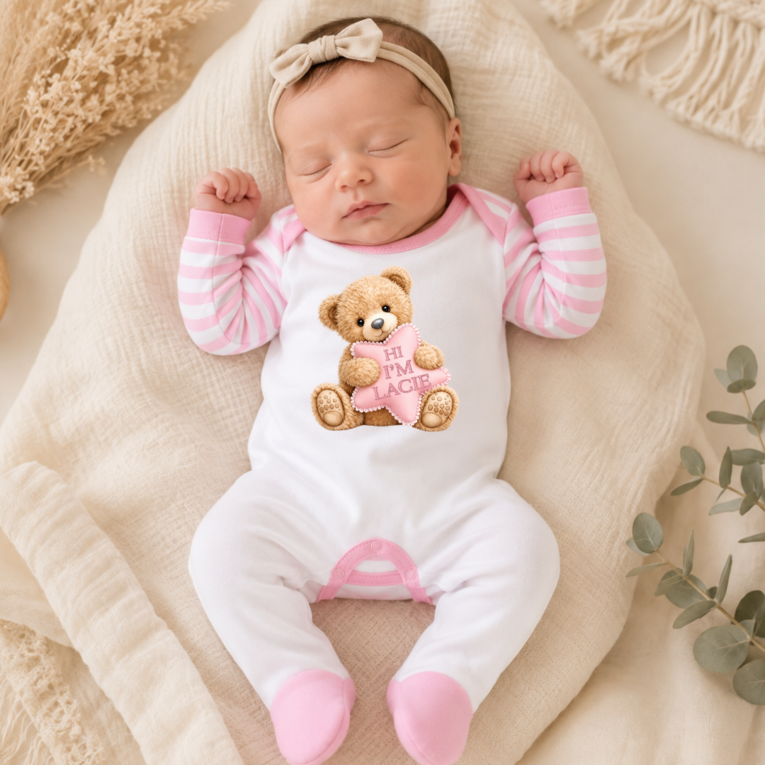 Personalised New Baby Teddy Baby Romper - Pink