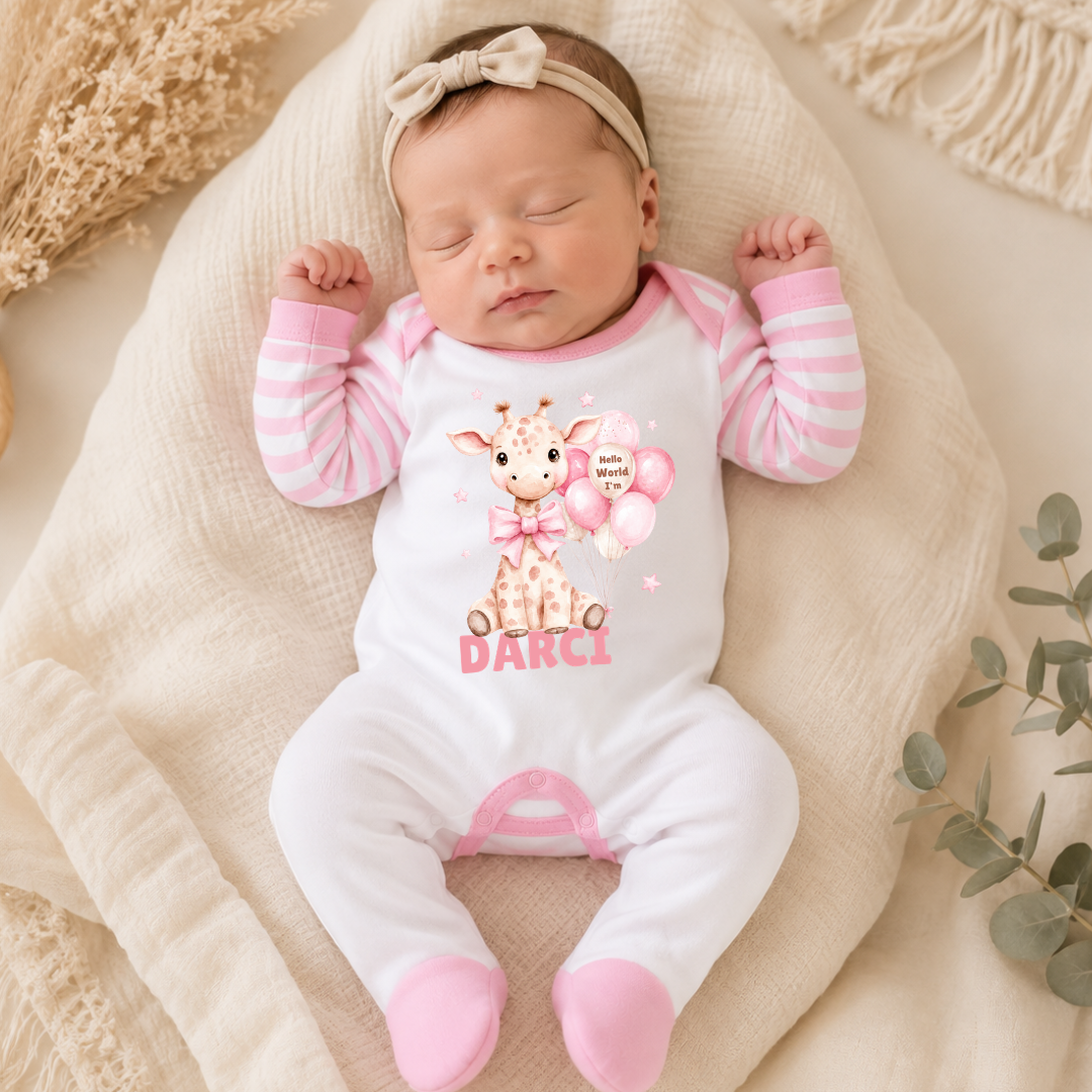 Hello World Personalised Giraffe Baby Romper - Pink