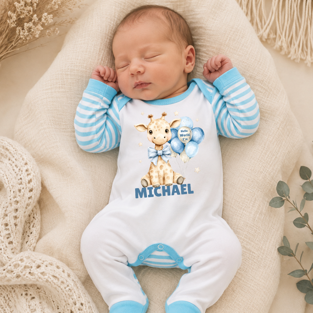Hello World Personalised Giraffe Baby Romper - Blue
