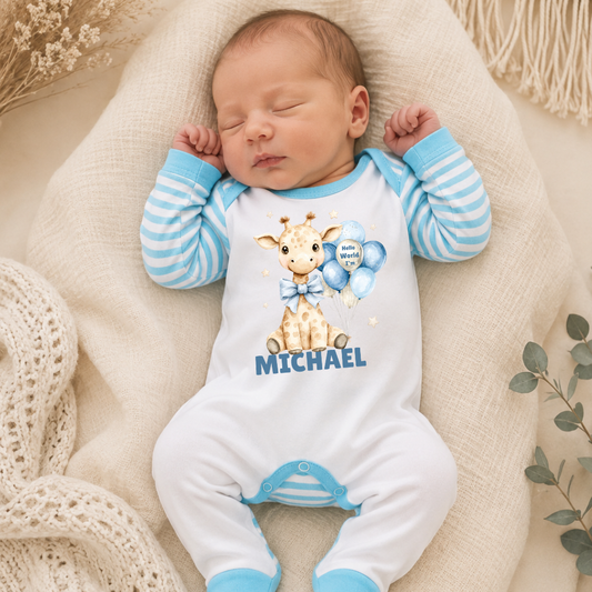 Hello World Personalised Giraffe Baby Romper - Blue