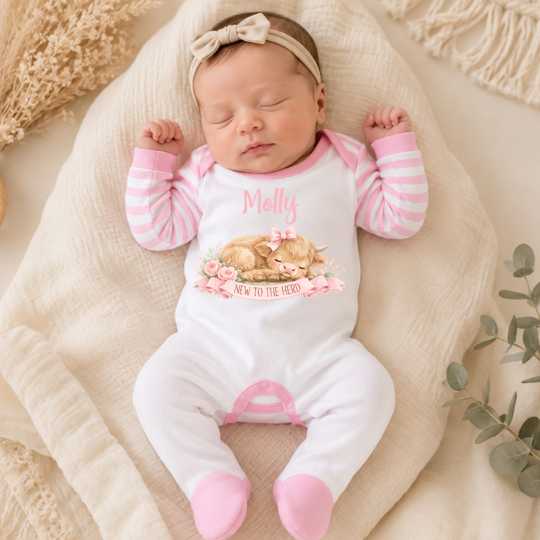 New to the Herd Personalised Highland Cow Baby Romper - Pink