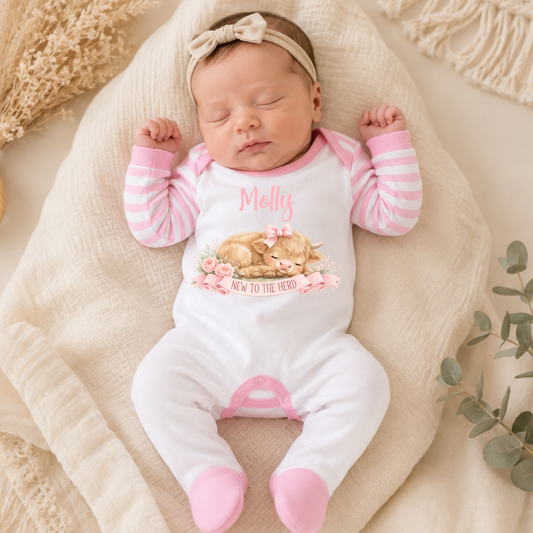 New to the Herd Personalised Highland Cow Baby Romper - Pink