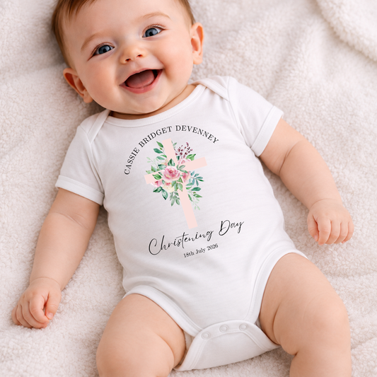Christening Vest - Pink Flower Cross