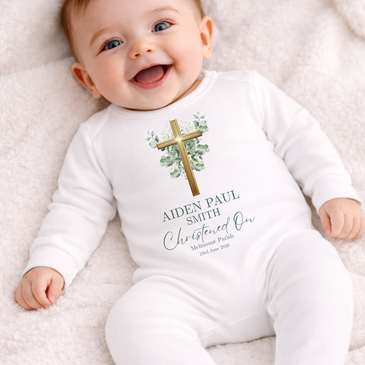 Christening Romper - Eucalyptus Cross