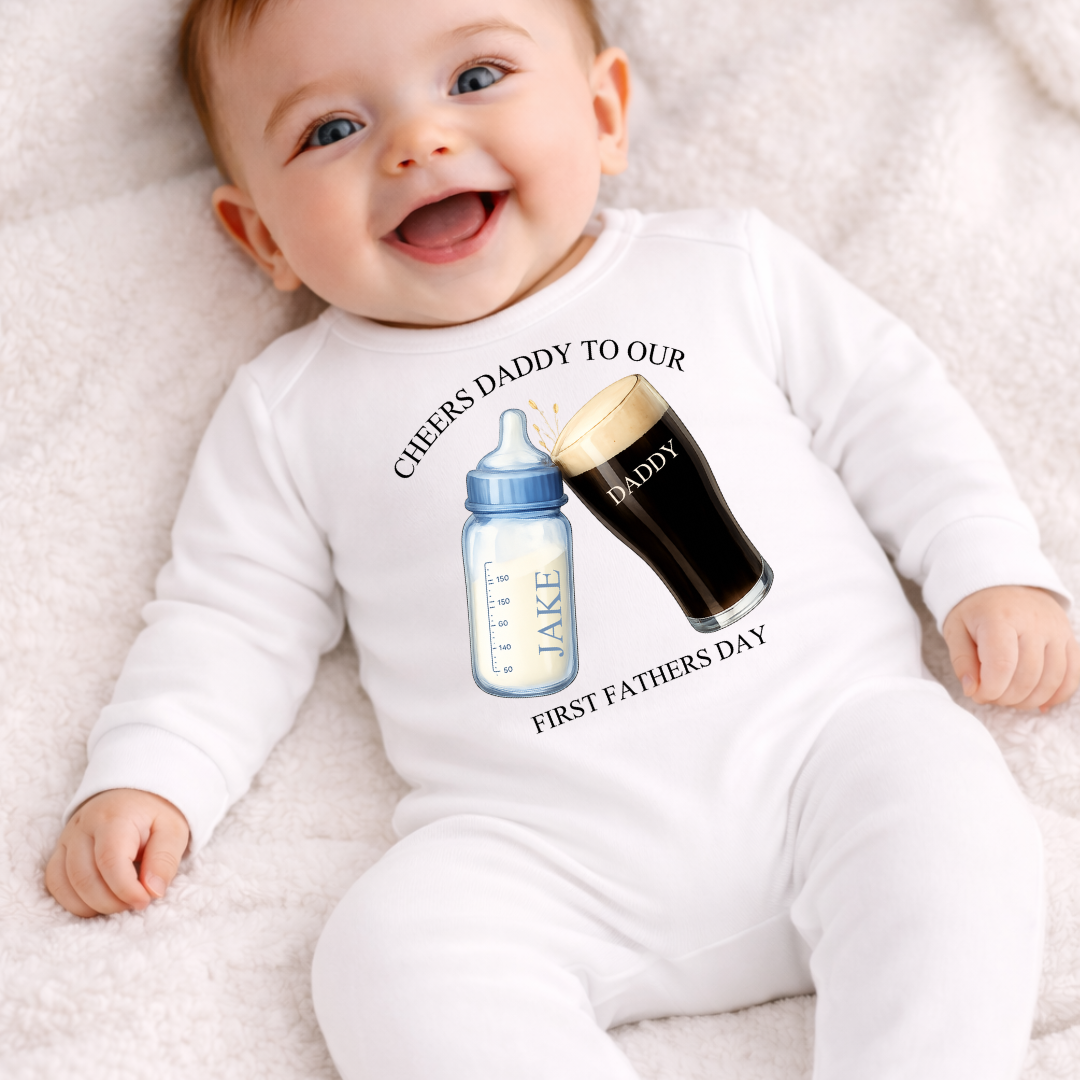 Cheers Daddy To Our First Father’s Day Romper-Blue