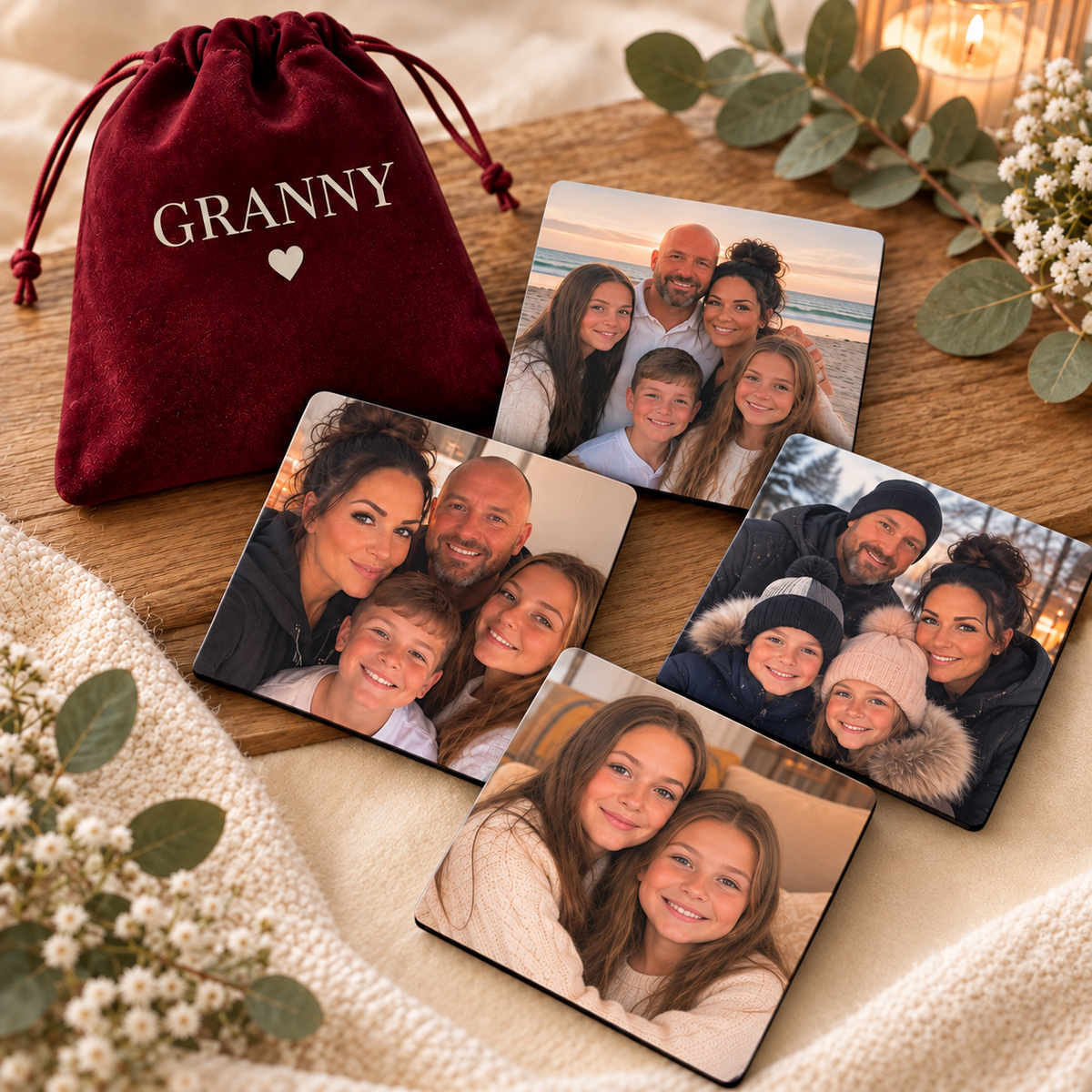 Personalised Photo Fridge Magnets – Set of 4 with Velvet Gift Pouch