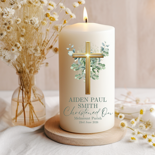 Christening Candle - Eucalyptus Cross