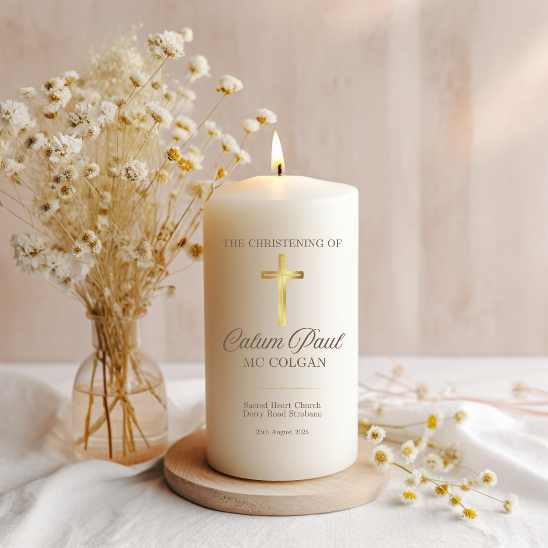 Christening Candle with a Gold Cross