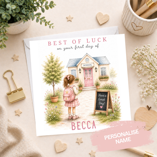 Personalised First Day at  School Card - School House Pink