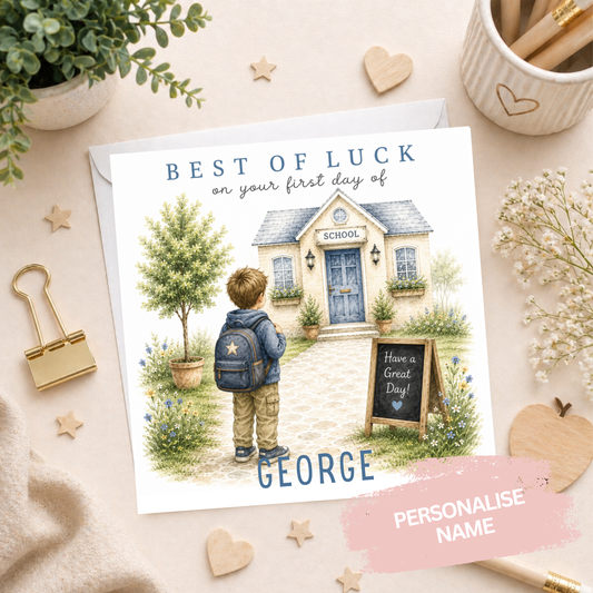 Personalised First Day at  School Card - School House Blue