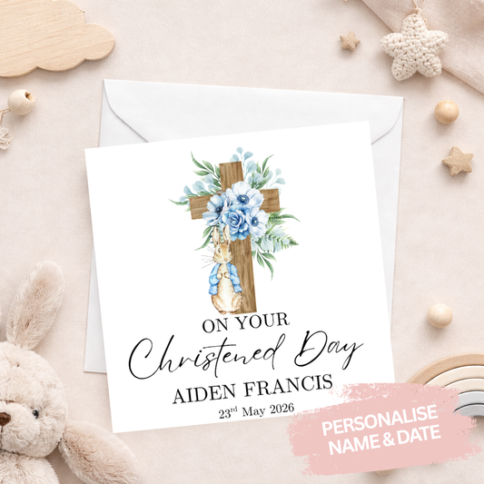 Elegant Bunny & Cross Christening Card - Blue