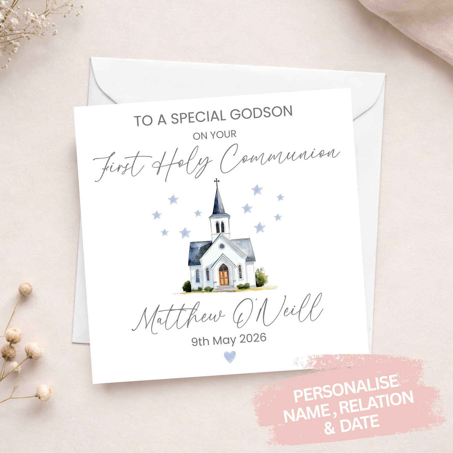Blue Chapel Personalised Communion Card