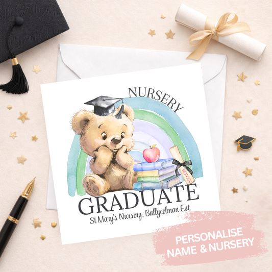 Bear and Rainbow Nursery Graduation Card - Blue