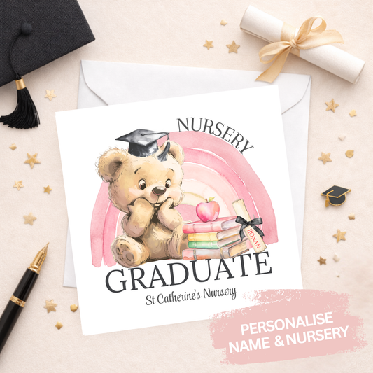 Bear and Rainbow Nursery Graduation Card - Pink