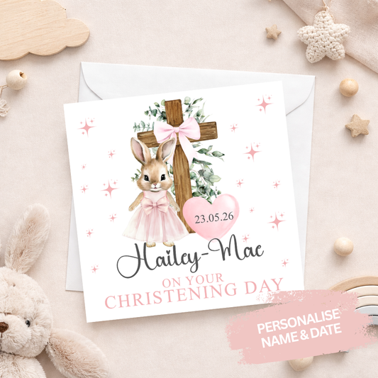 Personalised Pink Bunny Christening Card