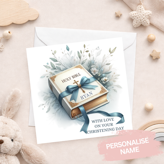 Personalised Bible Christening Card - Blue