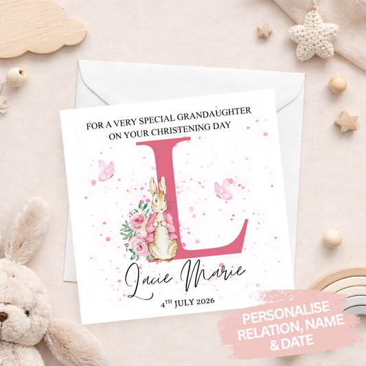 Personalised Initial Bunny Christening Card - Pink