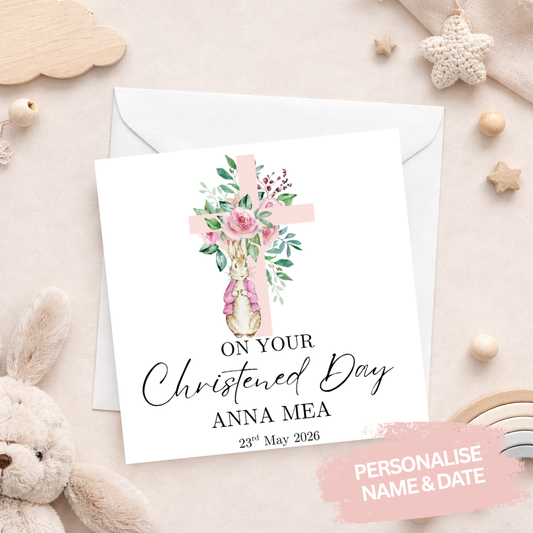 Elegant Bunny & Cross Christening Card - Pink