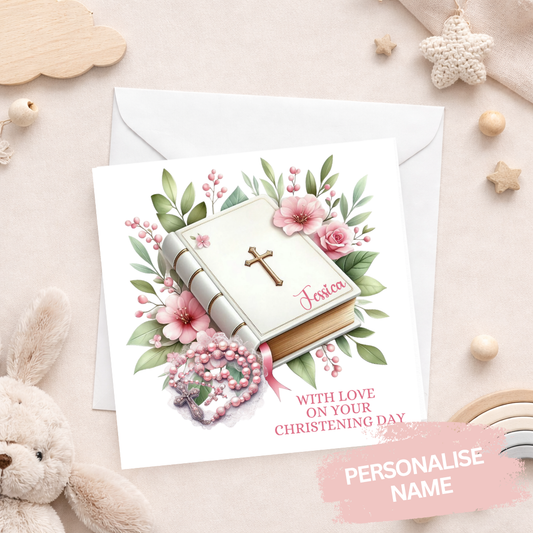 Personalised Bible Christening Card - Pink
