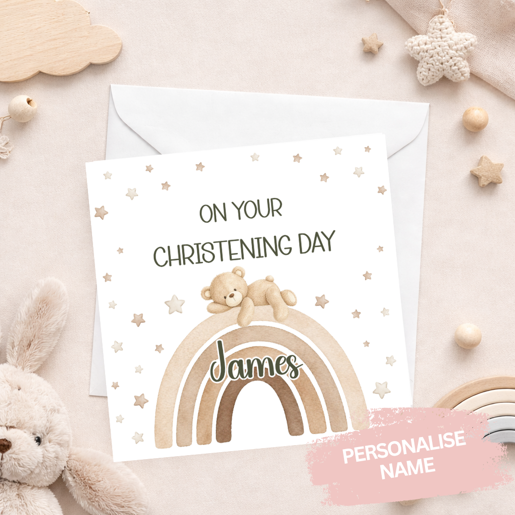 Sleepy Bear Personalised Christening Card