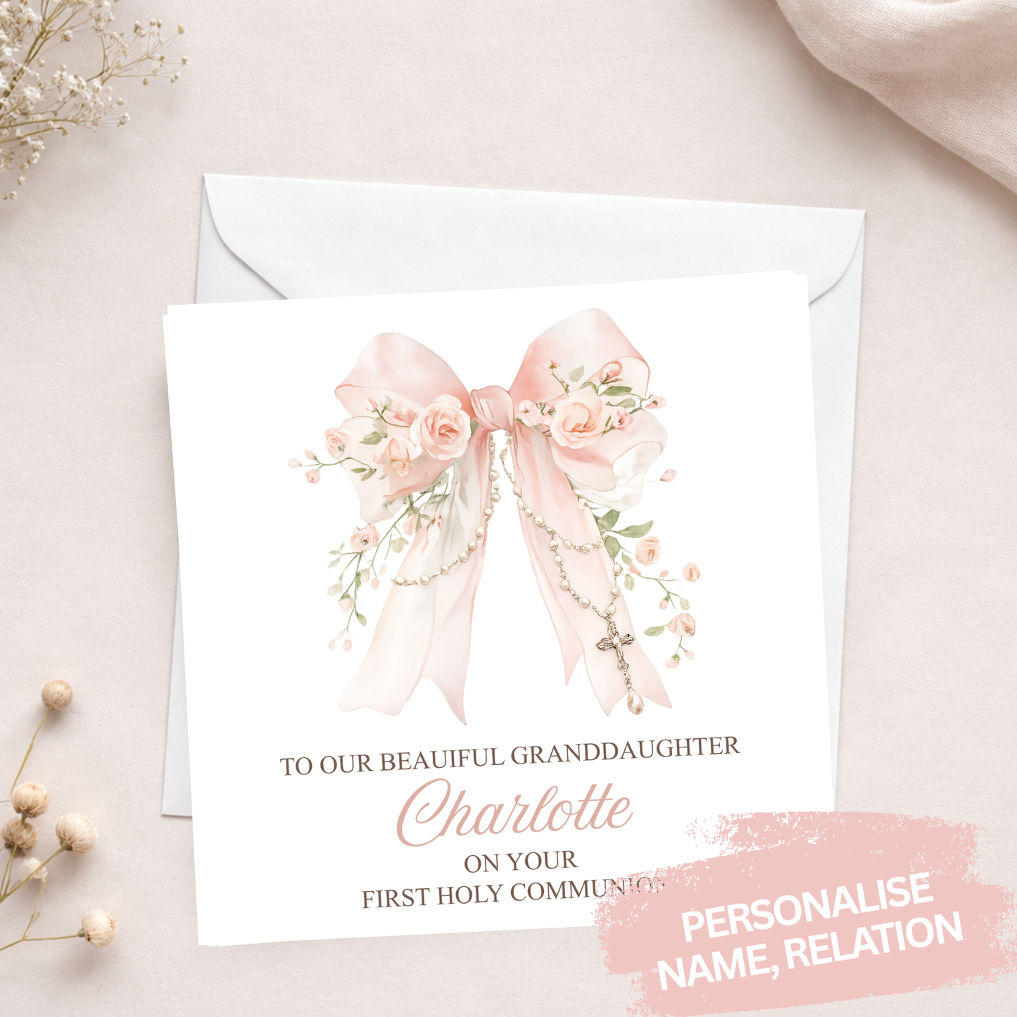 Pink Bow Personalised Communion Card