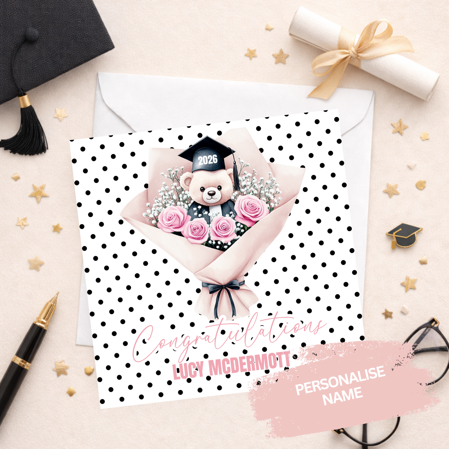 Teddy & Flowers Personalised Graduation Card