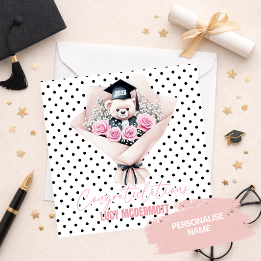 Teddy & Flowers Personalised Graduation Card
