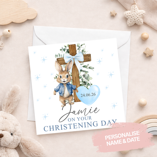 Personalised Blue Bunny Christening Card