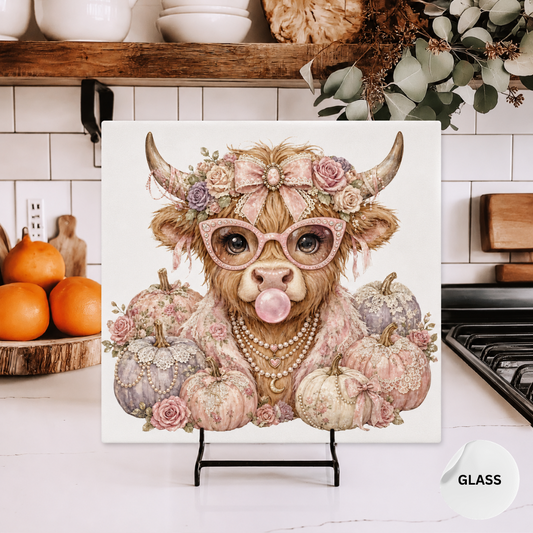 Autumn Highland Cow Glass Chopping Board