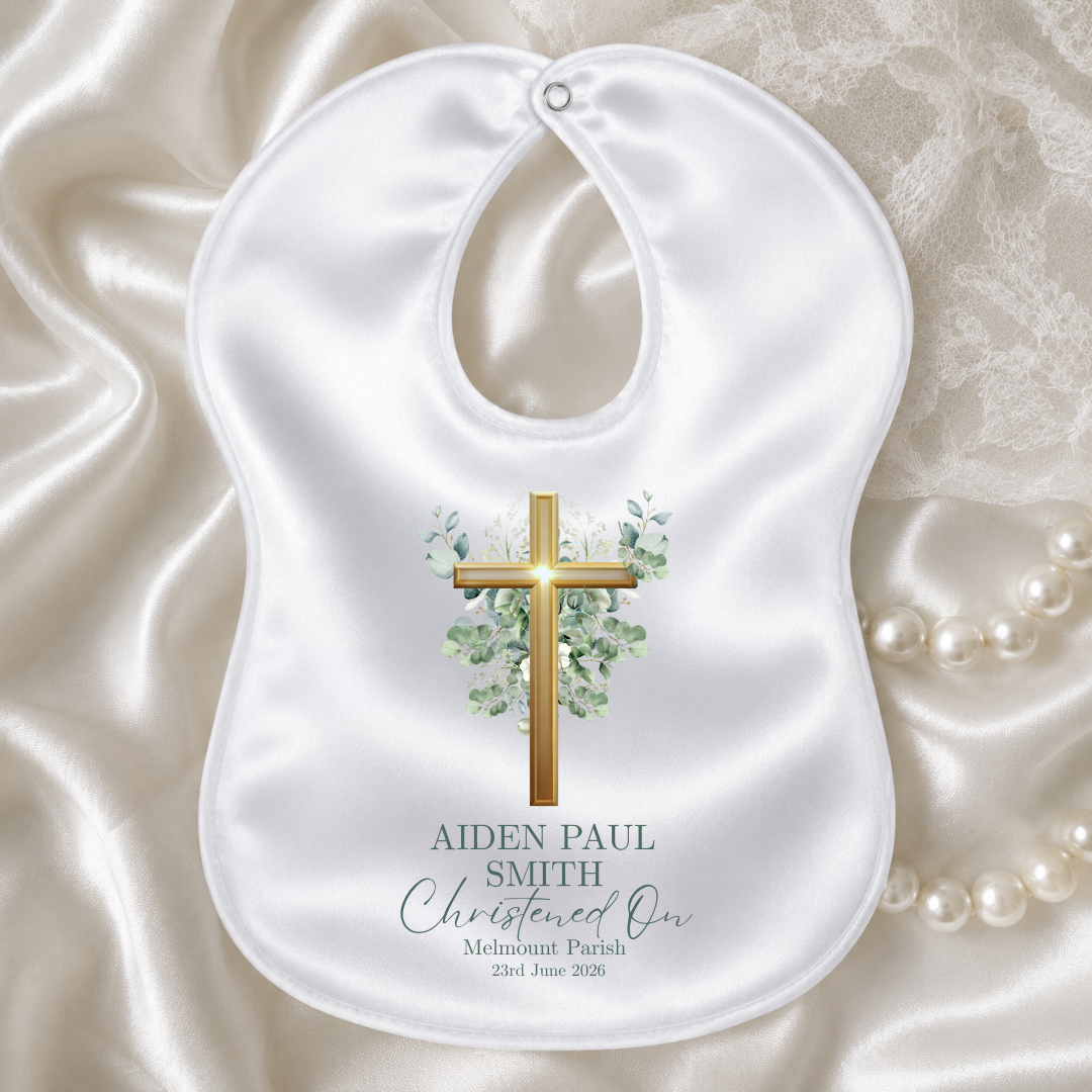 Personalised Christening/Baptism Bib - Eucalyptus Cross