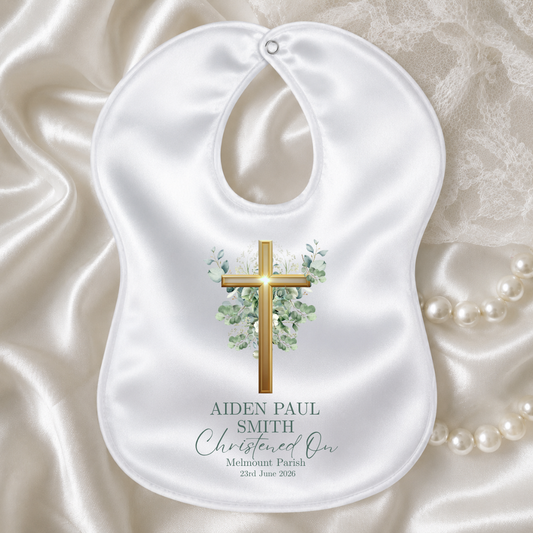 Personalised Christening/Baptism Bib - Eucalyptus Cross