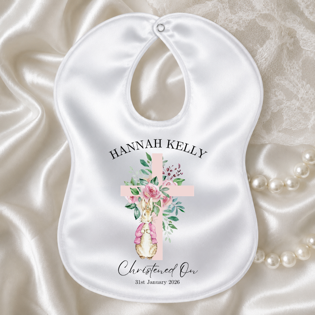 Personalised Christening/Baptism Bib - Little Rabbit Pink