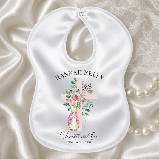 Personalised Christening/Baptism Bib - Little Rabbit Pink