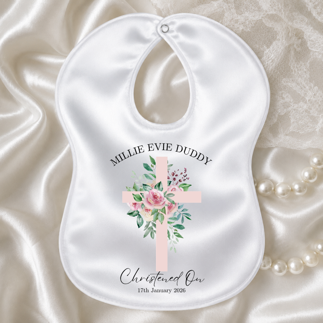 Personalised Christening/Baptism Bib - Pink Flower Cross