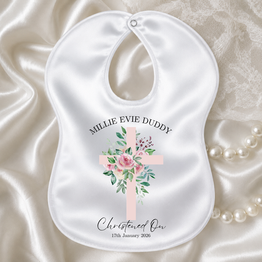 Personalised Christening/Baptism Bib - Pink Flower Cross