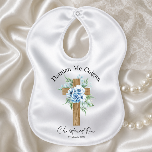 Personalised Christening/Baptism Bib - Blue Flower Cross
