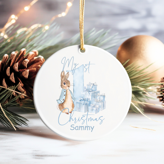 First Christmas Ceramic Bauble - Blue Bunny
