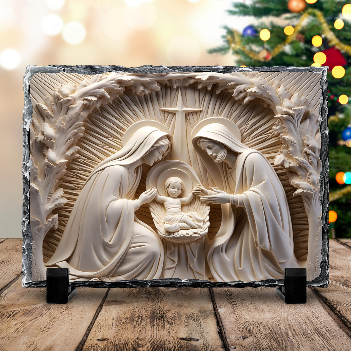 Decorative nativity scene sculpture on a wooden surface with a blurred Christmas tree in the background.