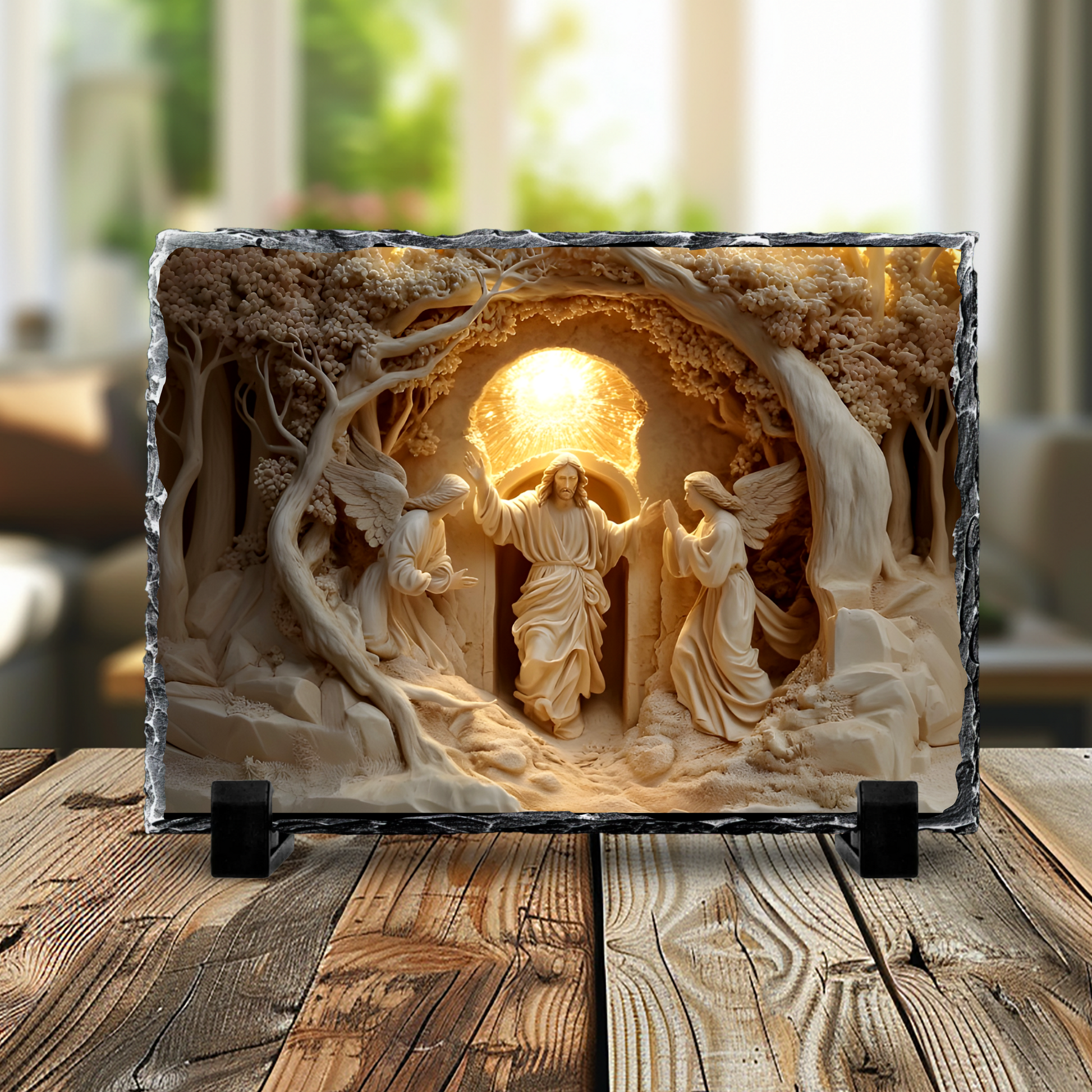 Decorative scene with a central figure, possibly religious, on a wooden surface.