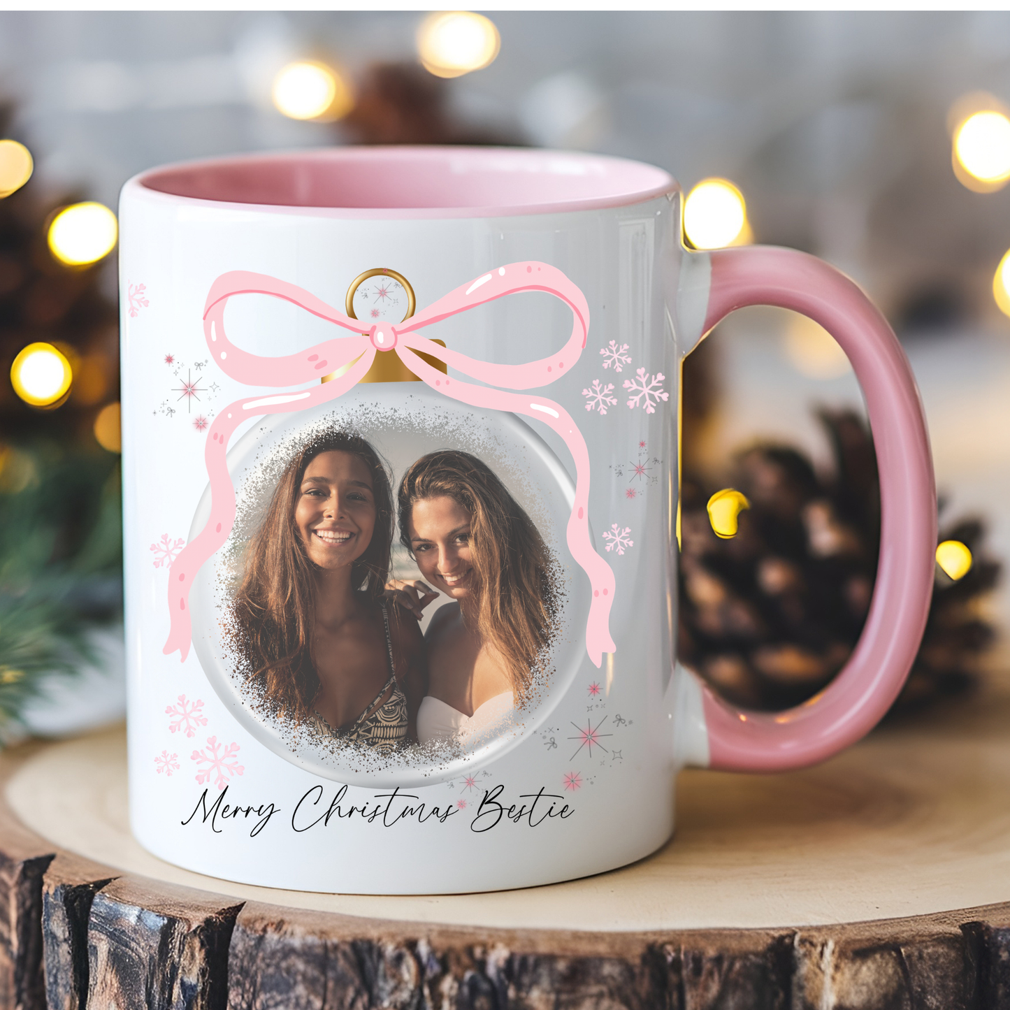 Personalised Pink Bauble Christmas Photo Mug