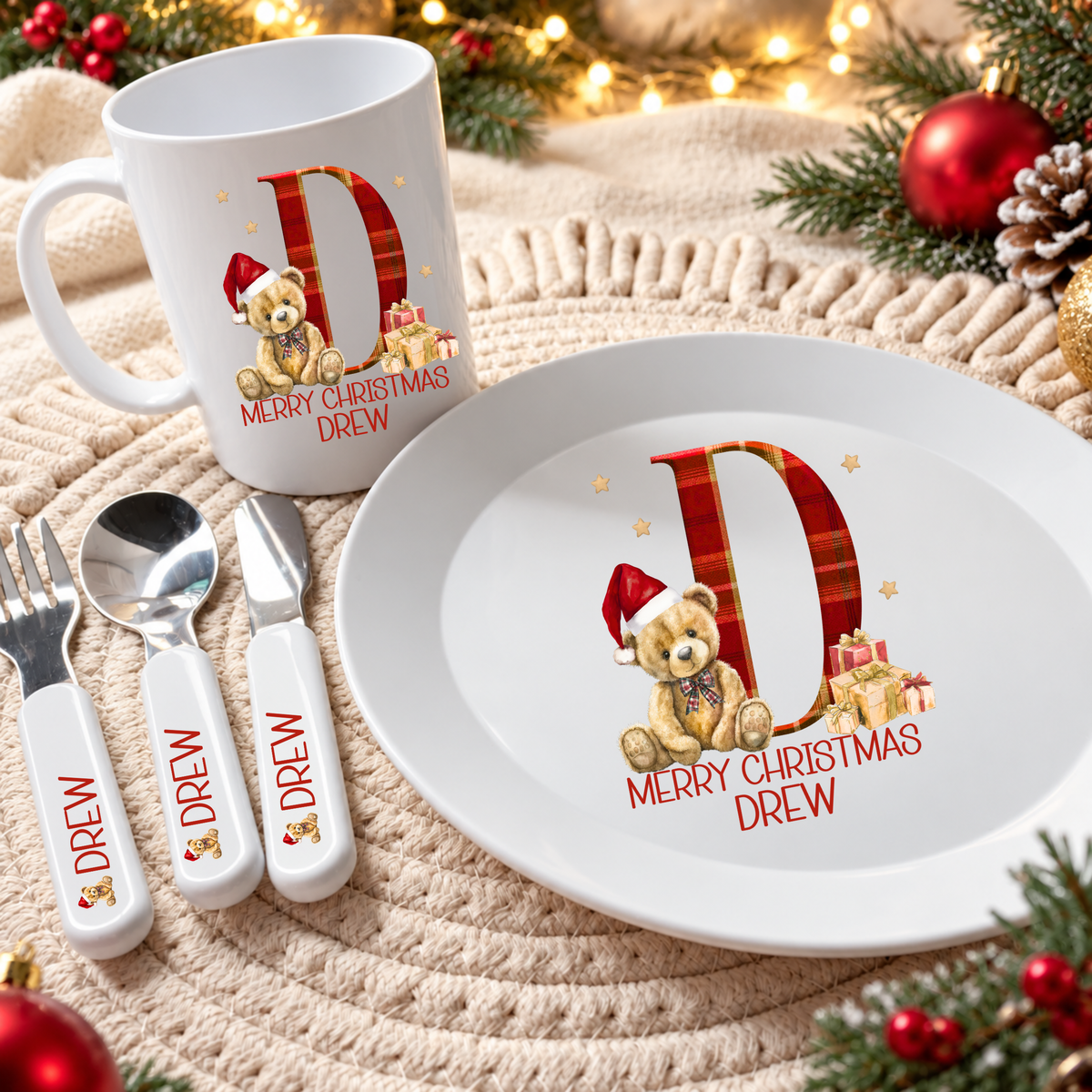 Personalised Christmas Tartan Letter Dinner Set