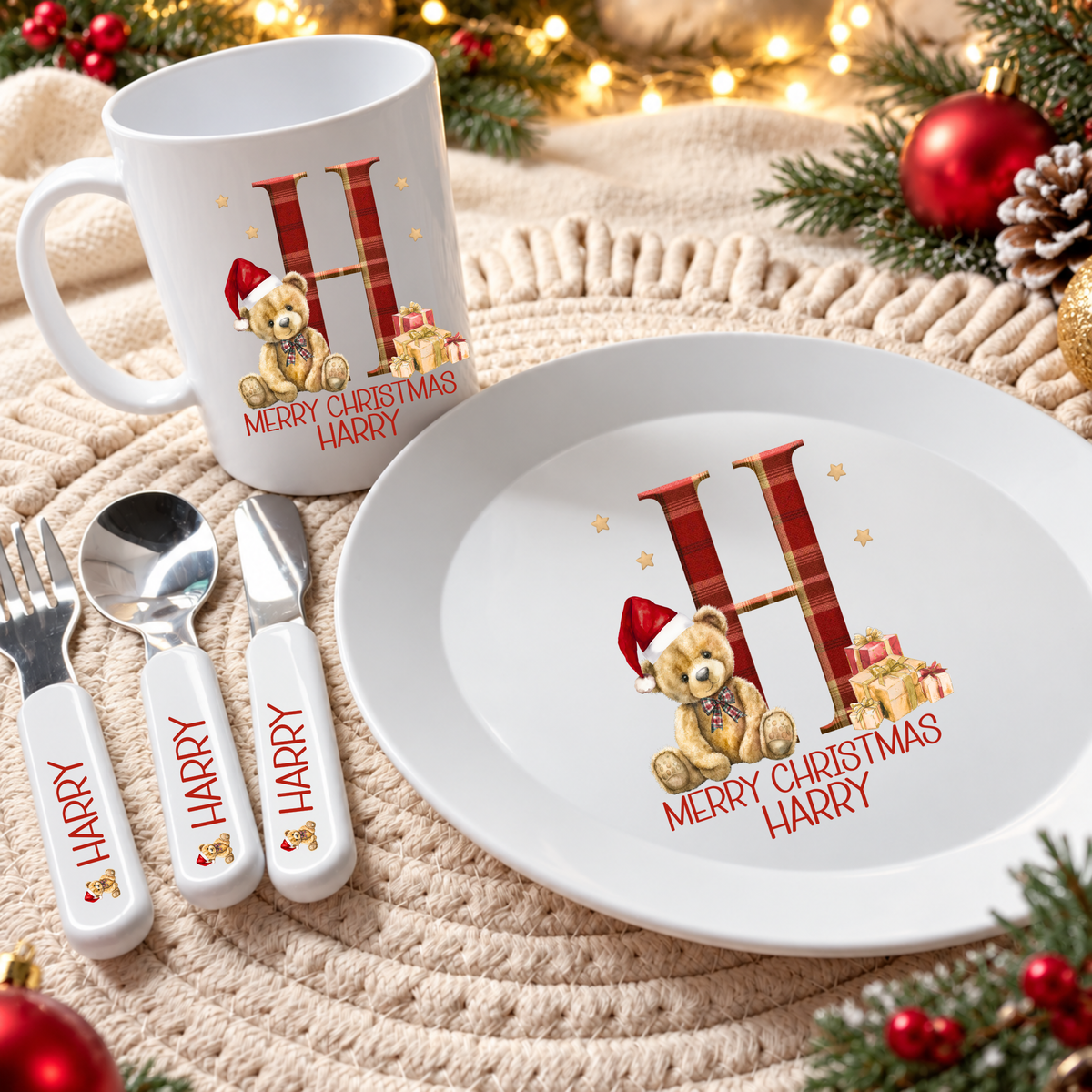 Personalised Christmas Tartan Letter Dinner Set