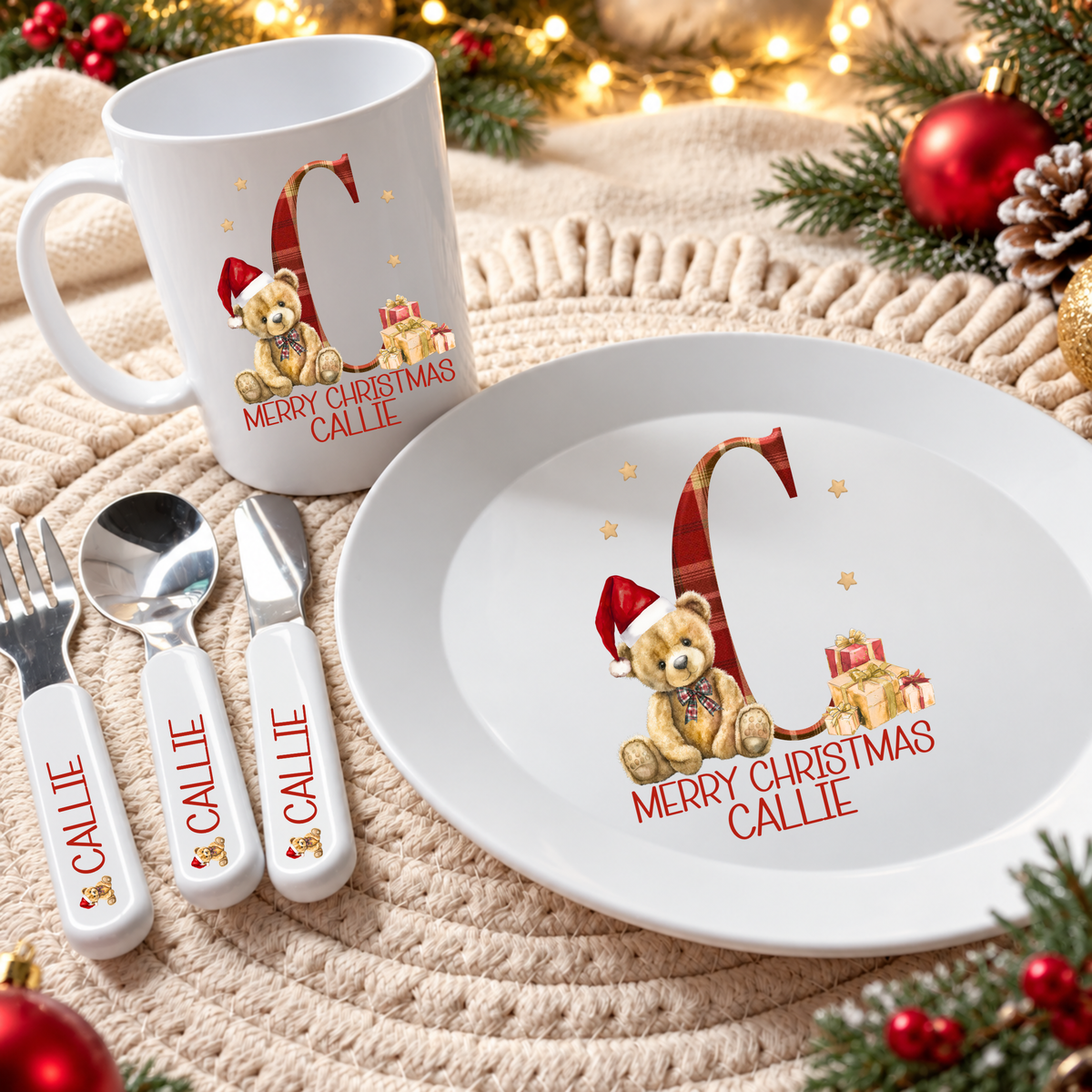 Personalised Christmas Tartan Letter Dinner Set