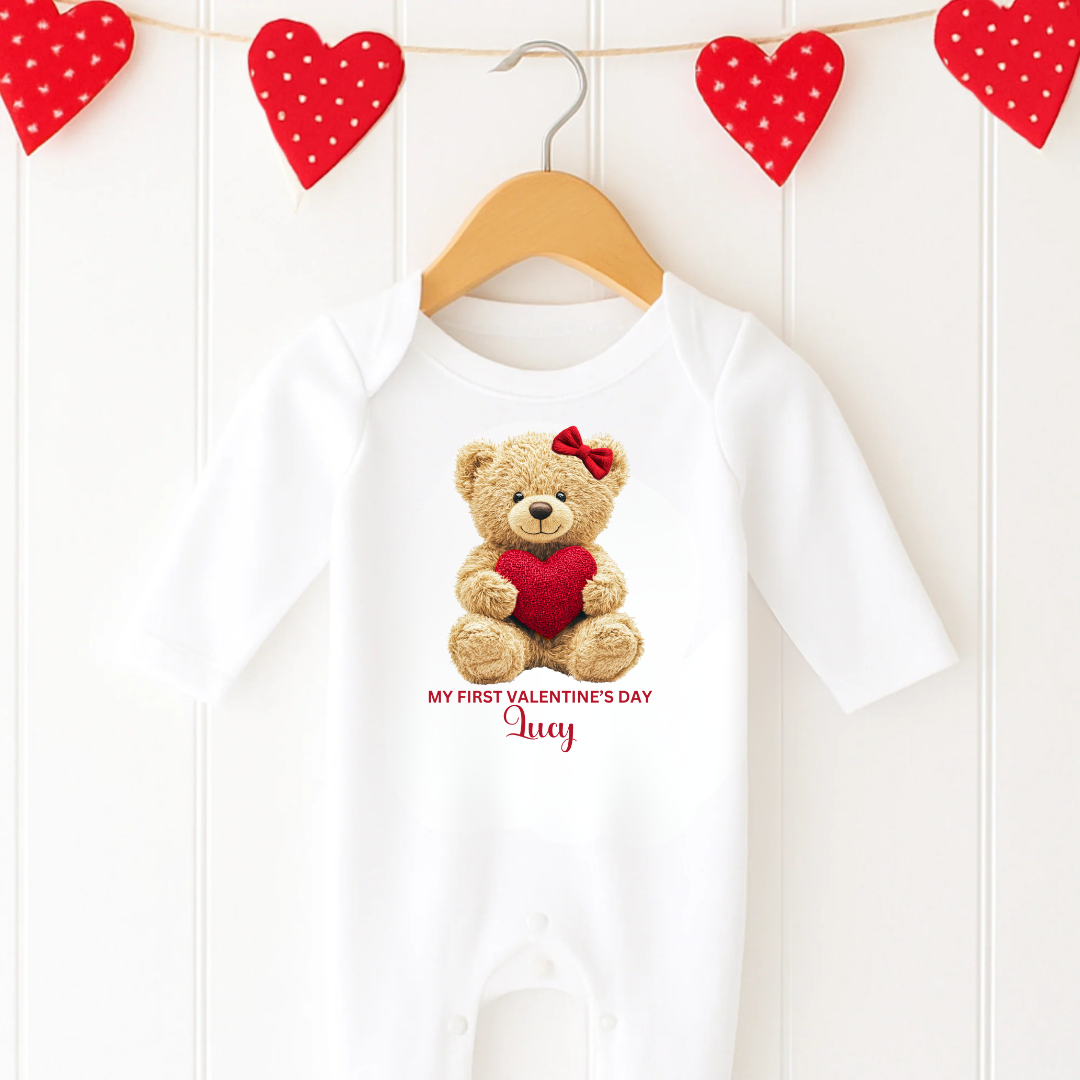 Personalised Valentine’s Baby Romper – My First Valentine Teddy Design