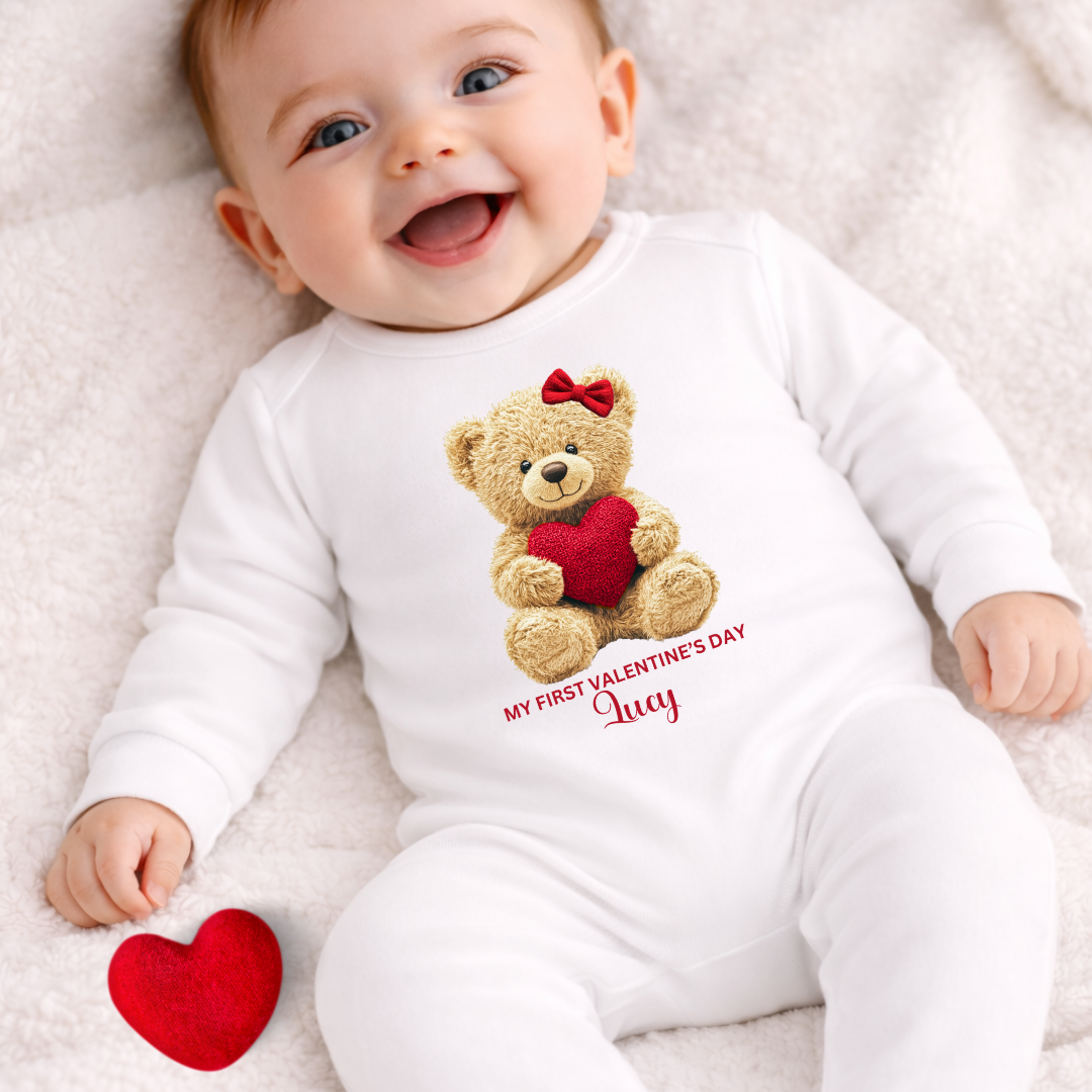 Personalised Valentine’s Baby Romper – My First Valentine Teddy Design