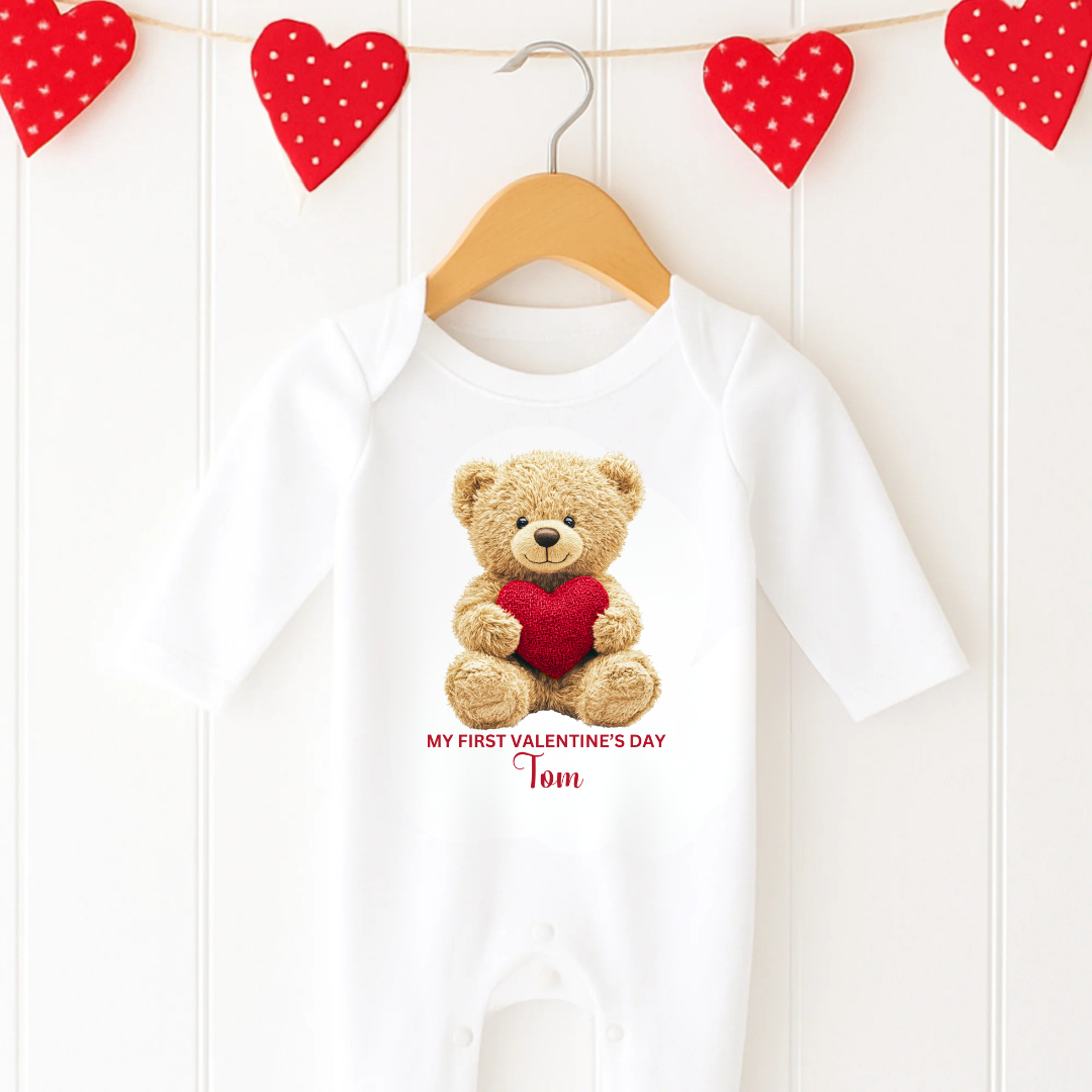 Personalised Valentine’s Baby Romper – My First Valentine Teddy Design
