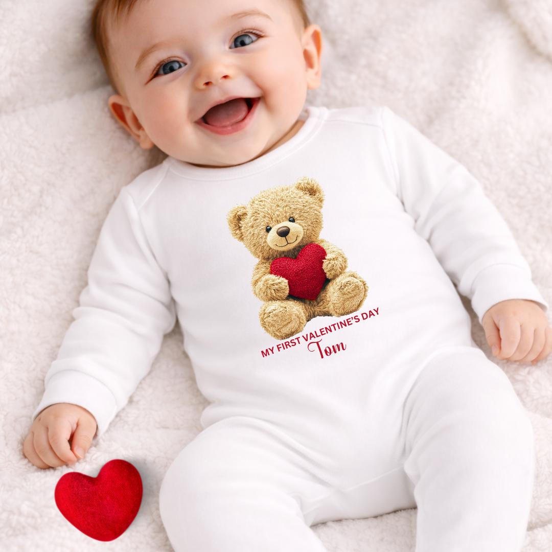 Personalised Valentine’s Baby Romper – My First Valentine Teddy Design