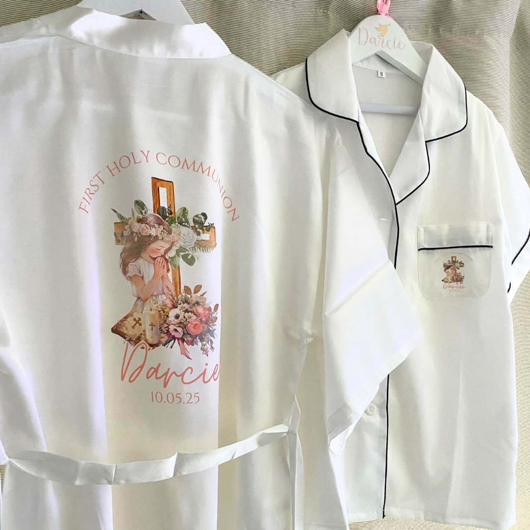 Girls Personalised Satin Pyjamas & Robe Set