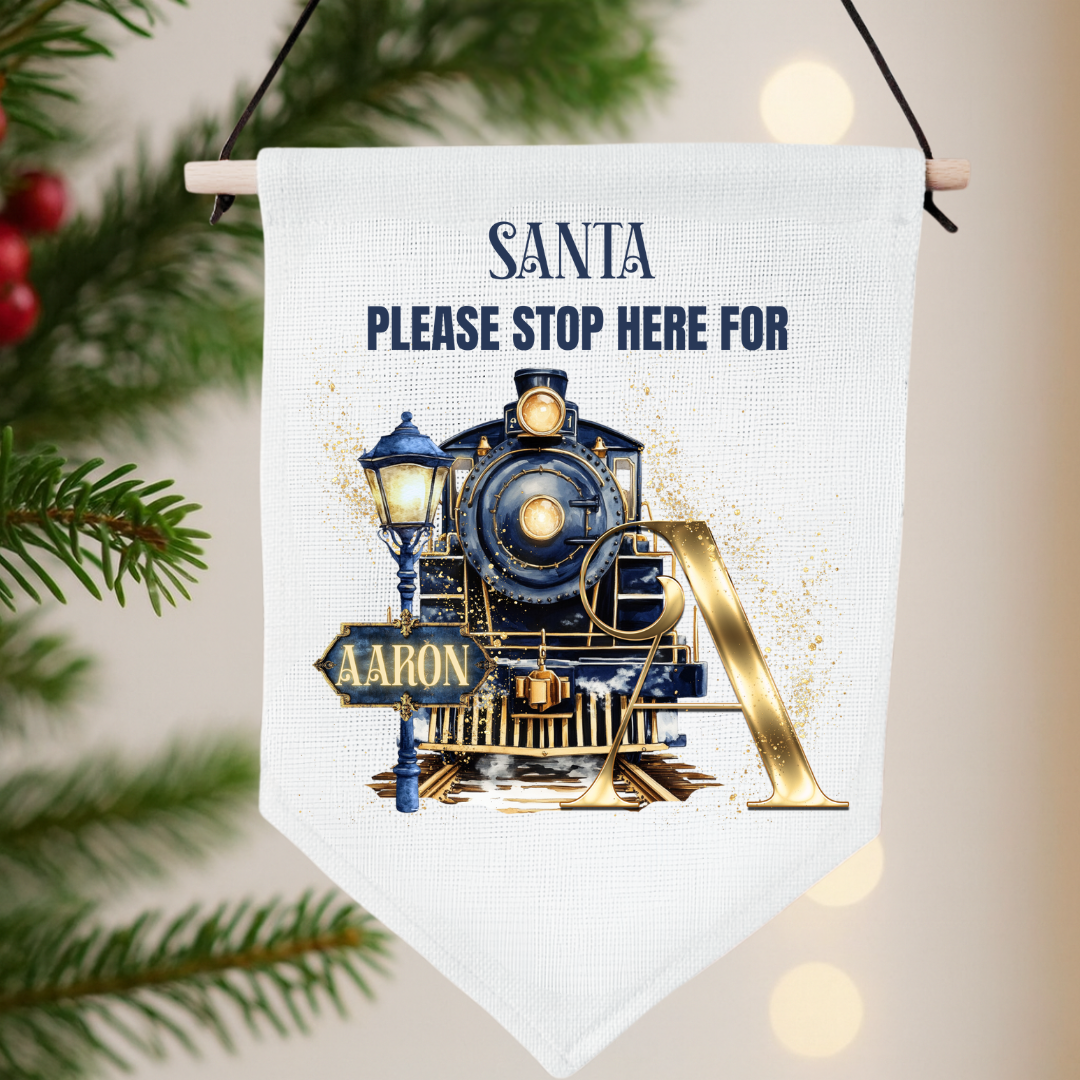 Personalised Santa Stop Here Pennant - Navy Train