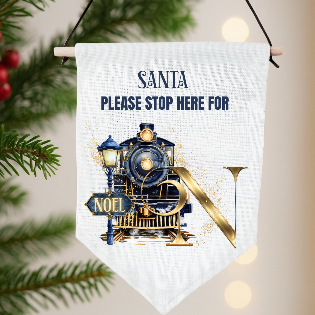 Personalised Santa Stop Here Pennant - Navy Train
